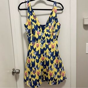 Mustard Seed Deep V-neck Fit Flare Mini Dress Fun Colorful & Sexy M yellow blue